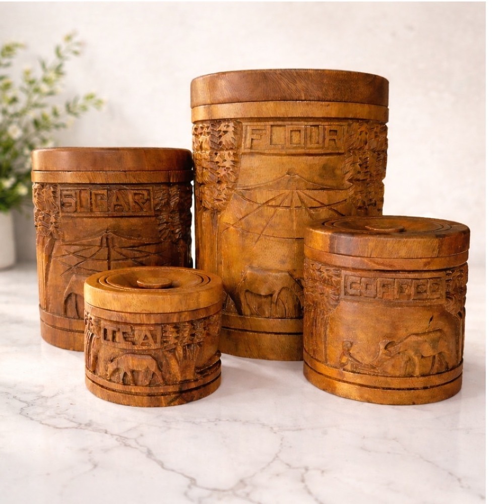 Vintage Hand Carved Wood Kitchen Canister Set 4 Flour Sugar Coffee Tea Tropical